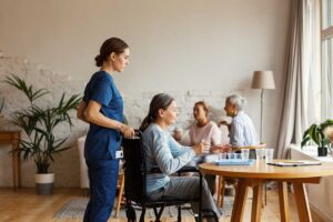 Two older adults sitting at a table with papers, calmly discussing documents in a comfortable, sunlit living space.
