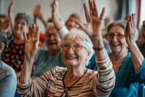 Older adults paint together at a table with brushes, colorful paper, flowers, and music nearby.