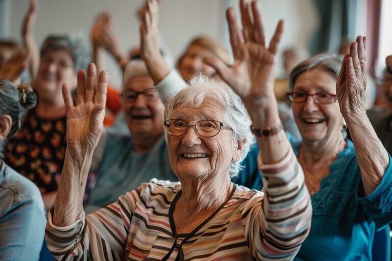 Older adults paint together at a table with brushes, colorful paper, flowers, and music nearby.