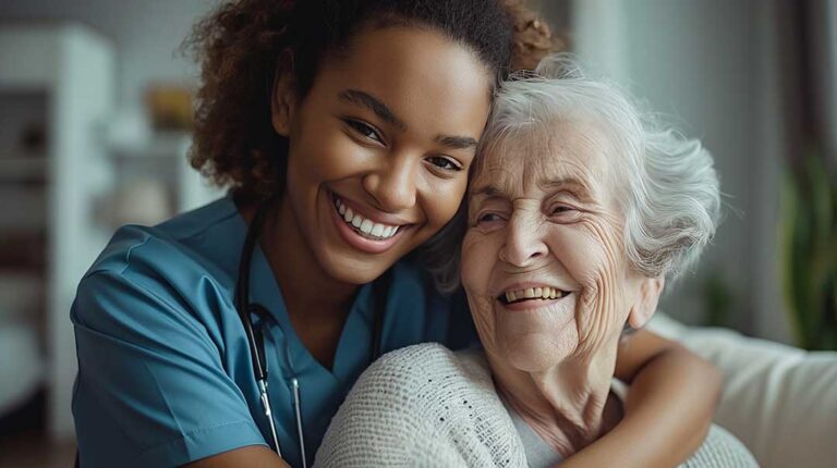 Older adult and family member reviewing medications and household safety concerns at a kitchen table.